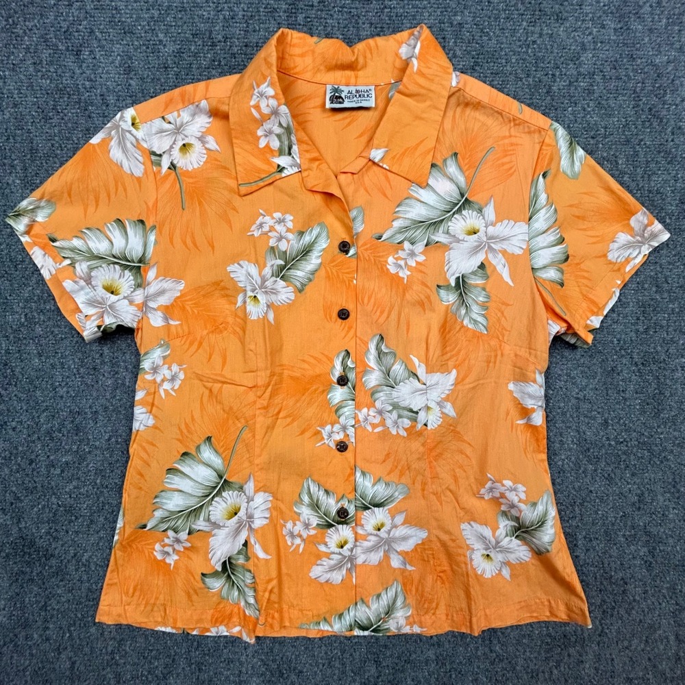 Aloha Republic‎ Hawaiian Shirt Womens M Orange Floral Tropical Made in USA VTG